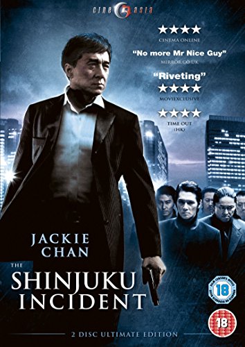 DVD cover for "The Shinjuku Incident" featuring Jackie Chan holding a gun, with cityscape.
