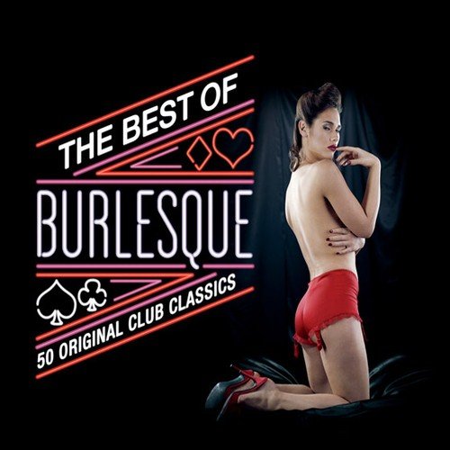 CD cover with a woman in red shorts kneeling, text "The Best Of Burlesque".