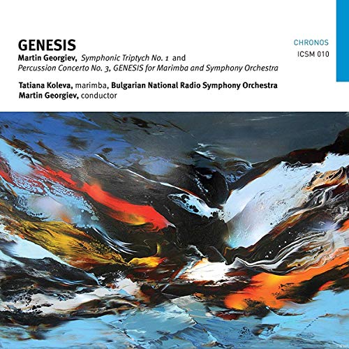 CD cover for “Genesis” featuring abstract blue, white, and orange swirls.