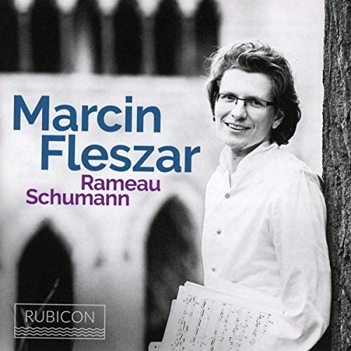 CD cover featuring pianist Marcin Fleszar, sheet music, and text "Rameau/Schumann".