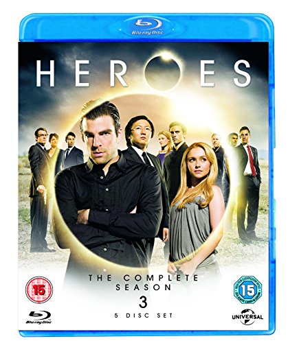 "Blue-ray case with 'Heroes' cover art featuring main characters and 'Season 3' text."