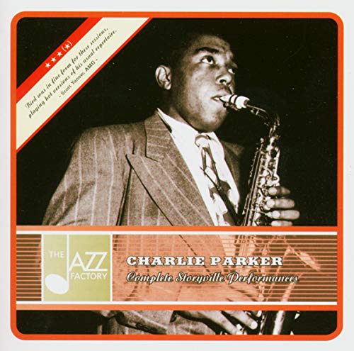 Charlie Parker playing saxophone, album cover for "Complete Storyville Performances.