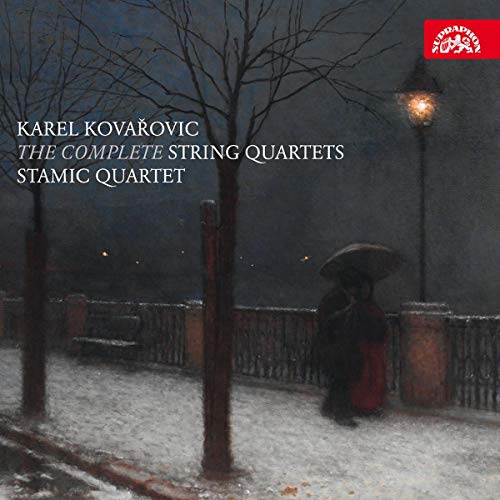 "Album cover featuring a person under an umbrella on a snowy street at night."