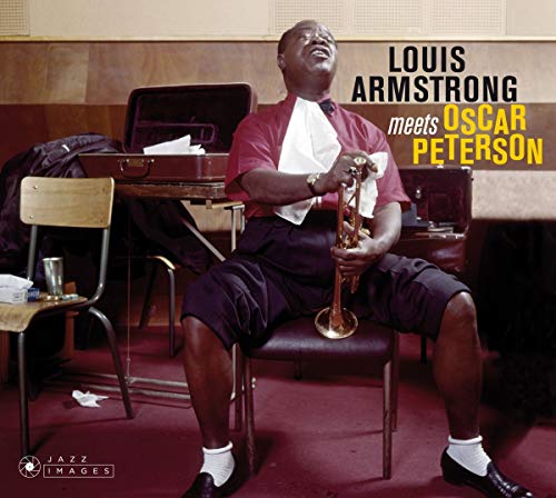 Louis Armstrong sitting on a chair holding a trumpet with text overlaying the image.