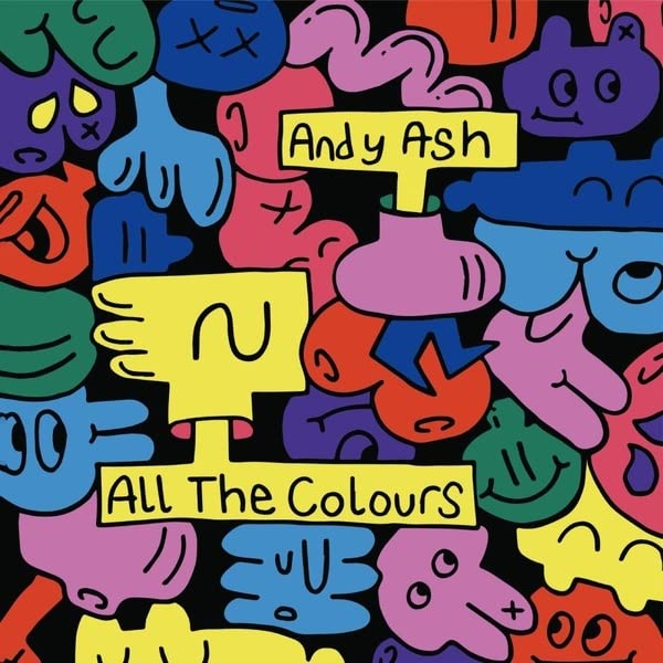 Colorful cartoon figures and text on a black background, vinyl record cover.