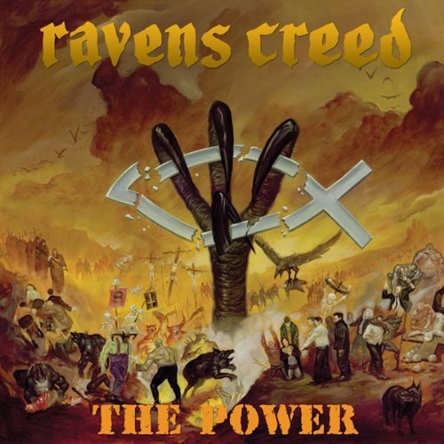 "Album cover art for 'The Power' by Ravens Creed, featuring a hand holding scythes."