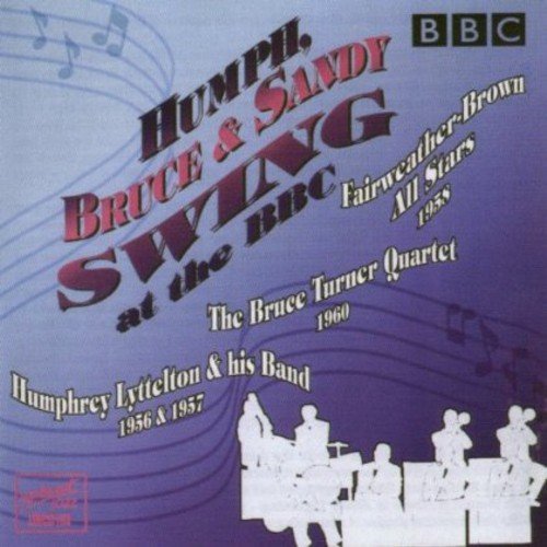 "CD cover with jazz musicians, BBC logo, and musical notes on purple background."
