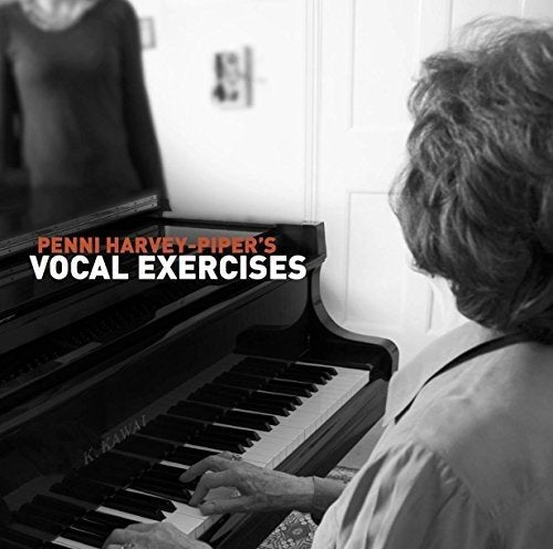 "Black and white image of a woman playing piano with vocal exercise text overlay."