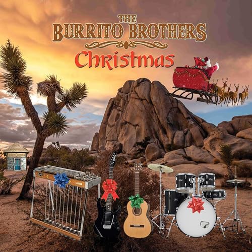 CD cover for "Burrito Brothers Christmas" with desert landscape and instruments.