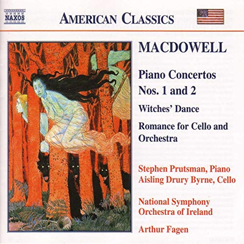 CD cover for Edward MacDowell piano concertos with fairytale illustration.