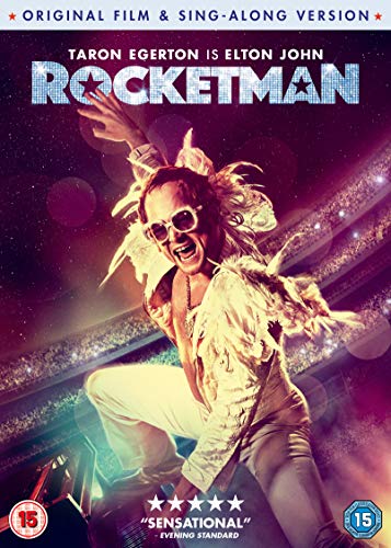 Rocketman DVD cover featuring Taron Egerton as Elton John in performance.