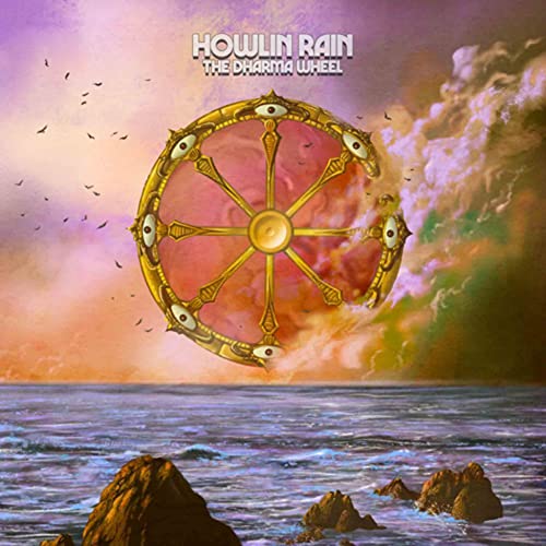 Album cover for Howlin Rain’s “The Dharma Wheel” featuring a golden wheel and ocean.