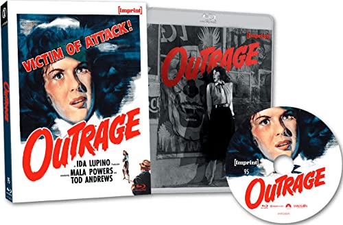 Outrage" Blu-ray case and disc featuring a distressed woman in black and white.