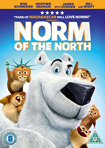 Animated polar bear and lemurs on DVD cover with blue gradient background.