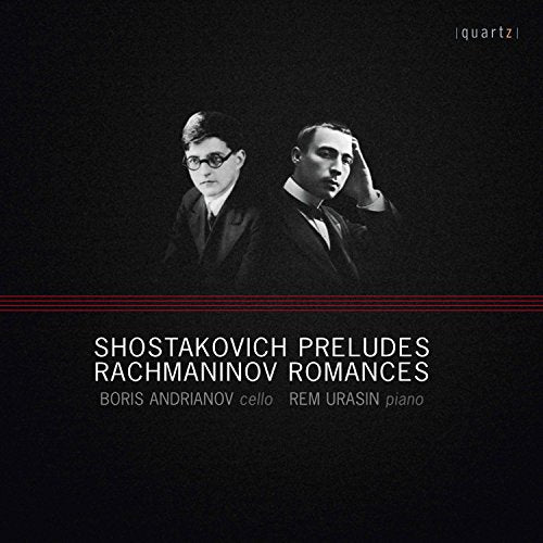CD cover featuring black and white portraits of two men, Shostakovich/Rachmaninov.