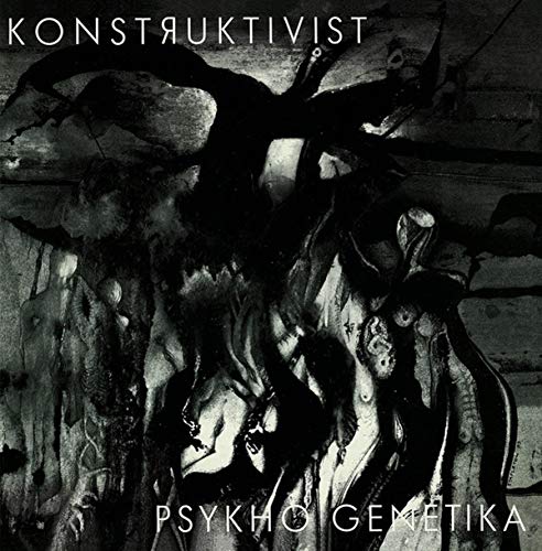 Dark album cover with abstract, twisted figures and white text overlay.