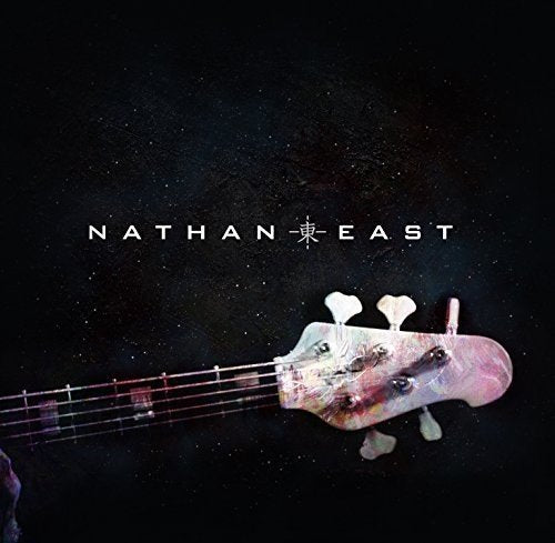 Bass guitar headstock with 'Nathan East' text on a dark, starry background.