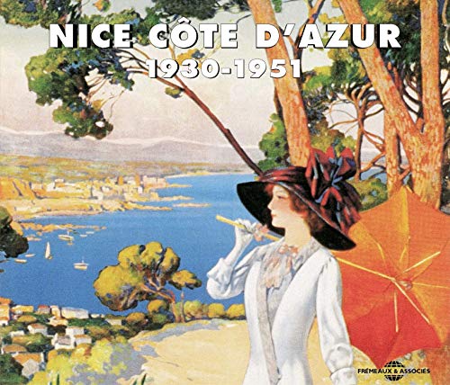 Vintage travel poster depicting a woman with a parasol overlooking the French Riviera.