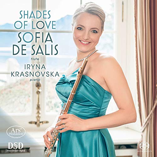 "CD cover with a woman in a teal dress holding a flute."