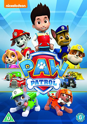 "Paw Patrol DVD cover featuring cartoon dogs and a boy against a blue background."