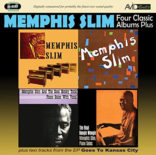 "CD cover featuring Memphis Slim with piano and album collage."