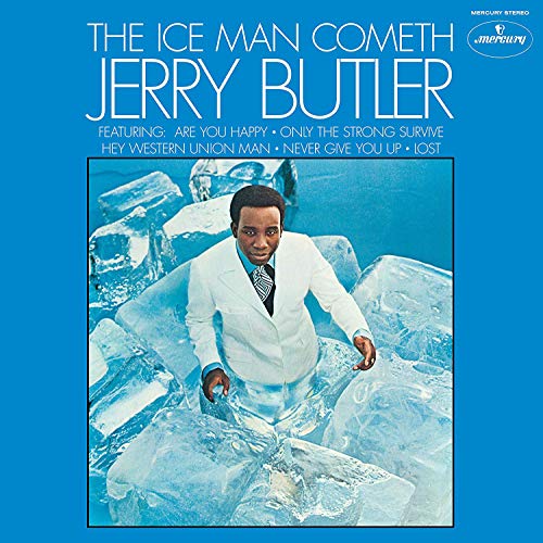 "Vinyl album cover featuring Jerry Butler standing in ice, wearing a white suit."