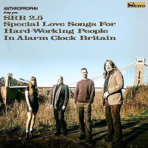 Vinyl album cover featuring four people and a bridge landscape.