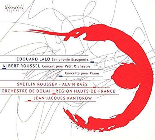 "Album cover with red abstract shape and text on white background with black lines."