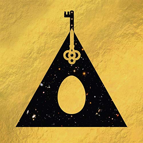 Golden album cover with black triangle, key, egg, and starry sky.