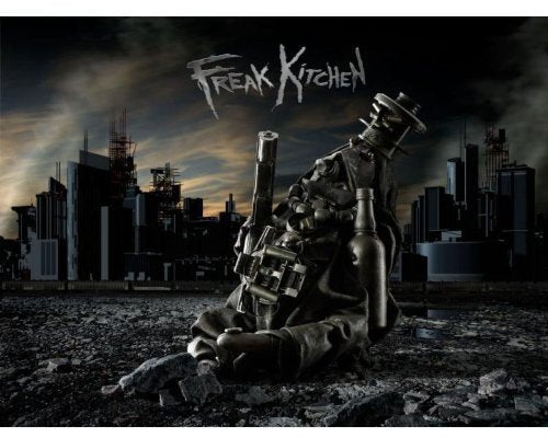 "Album cover with a person made of kitchen items in a dark industrial landscape."