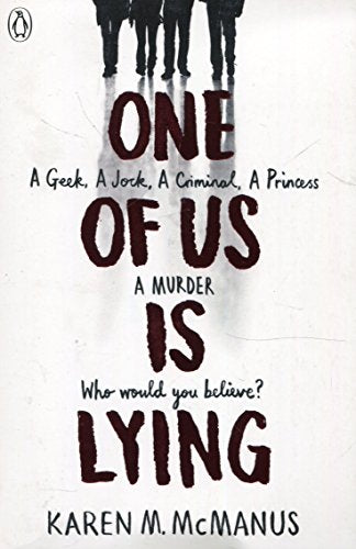 "Book cover of 'One of Us Is Lying' by Karen M. McManus, white background, red text."