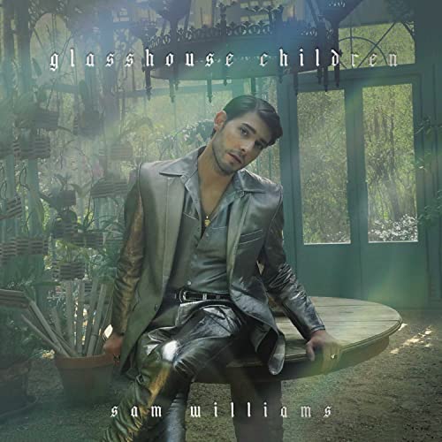 Sam Williams album cover, man in shiny suit in greenhouse.