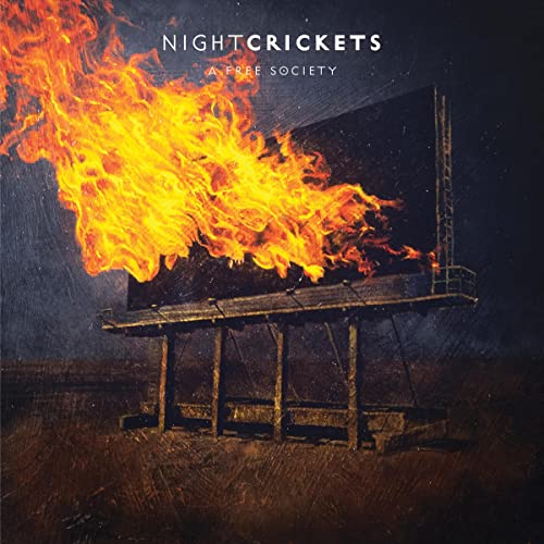 Vinyl album cover: burning structure in a field, dark and moody.