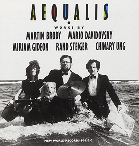 "Album cover featuring four people wading in water, dressed in formal attire."