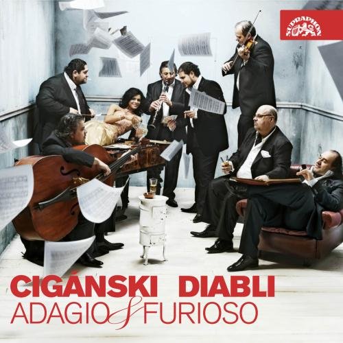 "CD cover featuring musicians in formal attire, surrounded by floating sheet music."