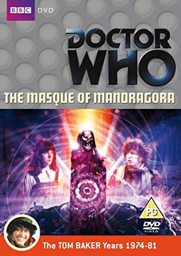 "Doctor Who DVD cover featuring three characters and a glowing, masked figure."
