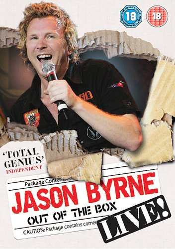 Jason Byrne comedy DVD cover: performer with microphone emerging from cardboard.