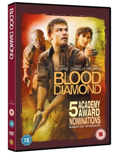 DVD cover for "Blood Diamond" featuring Leonardo DiCaprio, Jennifer Connelly, and Djimon Hounsou.