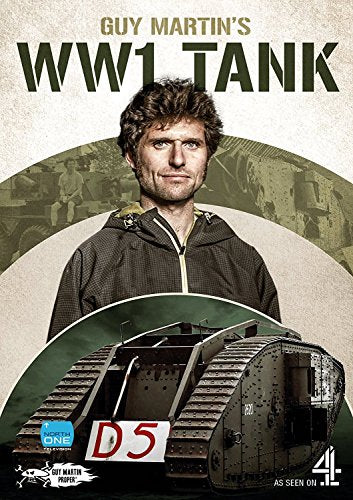 Guy Martin stands with a restored World War One tank, DVD cover.