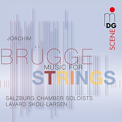 "Album cover with 'Music for Strings' text, multicolored font, and abstract red lines."