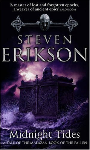 "Book cover of 'Midnight Tides' by Steven Erikson, featuring a stone sarcophagus in turbulent water."