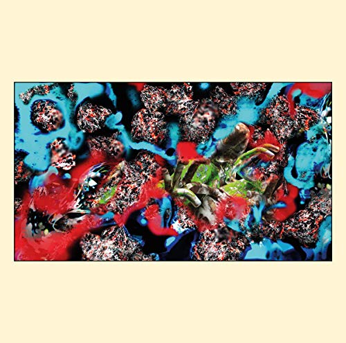 Abstract vinyl album cover with red, blue, and black splatters.