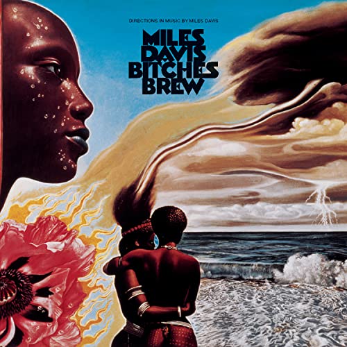 Surreal album cover art featuring a large face, a couple embracing, and a stormy sea.
