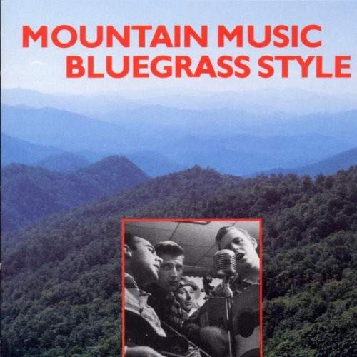 "CD cover with blue mountains and black-and-white musicians inset."