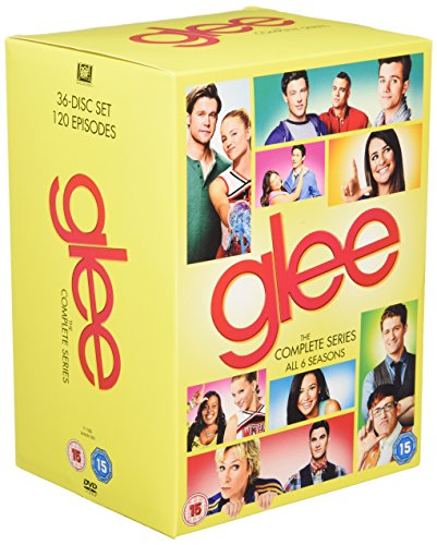 "Yellow DVD box set featuring 'glee' title and 12 cast member photos."