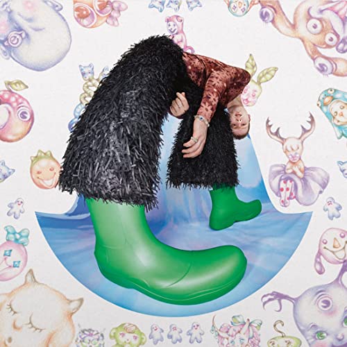 Person with furry head and green boots, surrounded by colorful creatures.