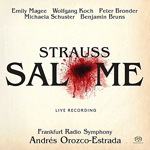 "CD cover for Strauss' Salome, featuring red splatter on beige background with black text."