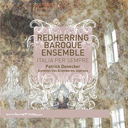"CD cover with ornate design, featuring 'Redherring Baroque Ensemble' and 'Italia per sempre' text."