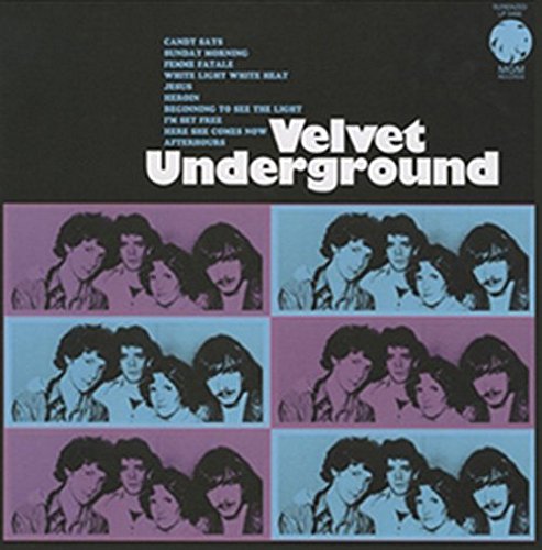 "Album cover with 'Velvet Underground' title and band members in purple and blue panels."