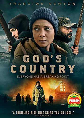 God's Country" DVD cover featuring three people with firearms, dramatic landscape.